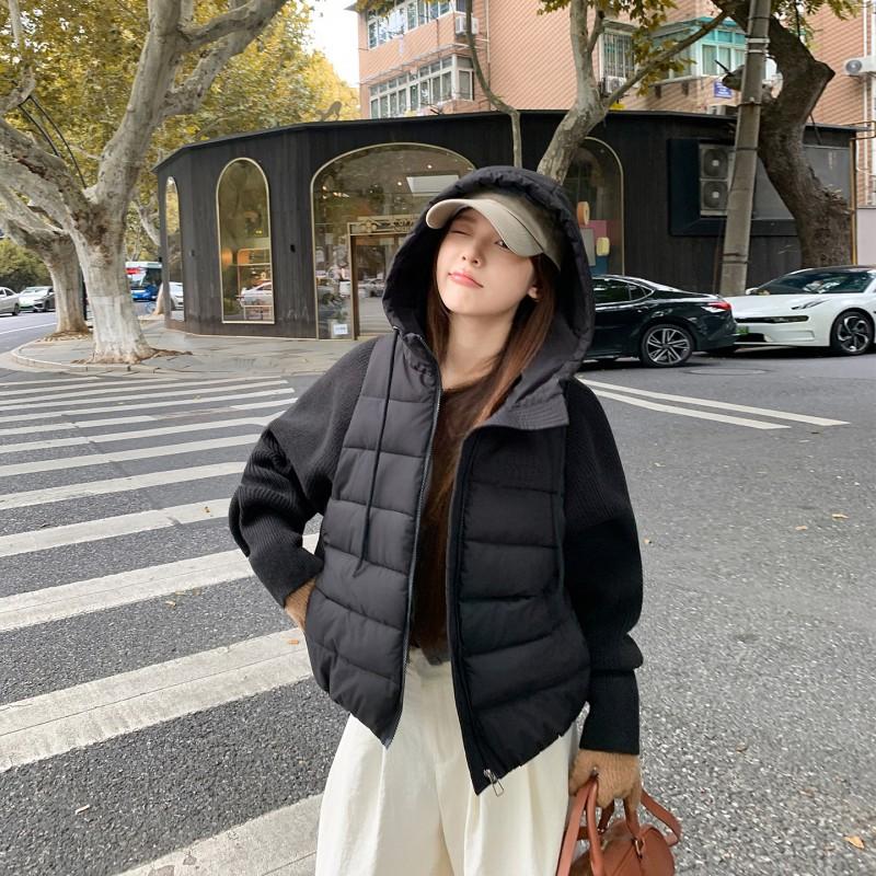 Womens Short Faux Two-Piece Knit Sleeve Cotton Coat 2026 Fall Winter Solid Color Loose Casual Hooded Jacket