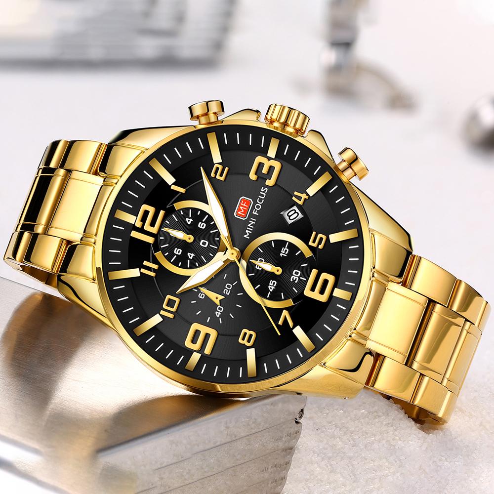 MINI FOCUS Men's Business Quartz Watches Stainless Business Chronograph Watch Gold Blue Relogios Masculino Clock