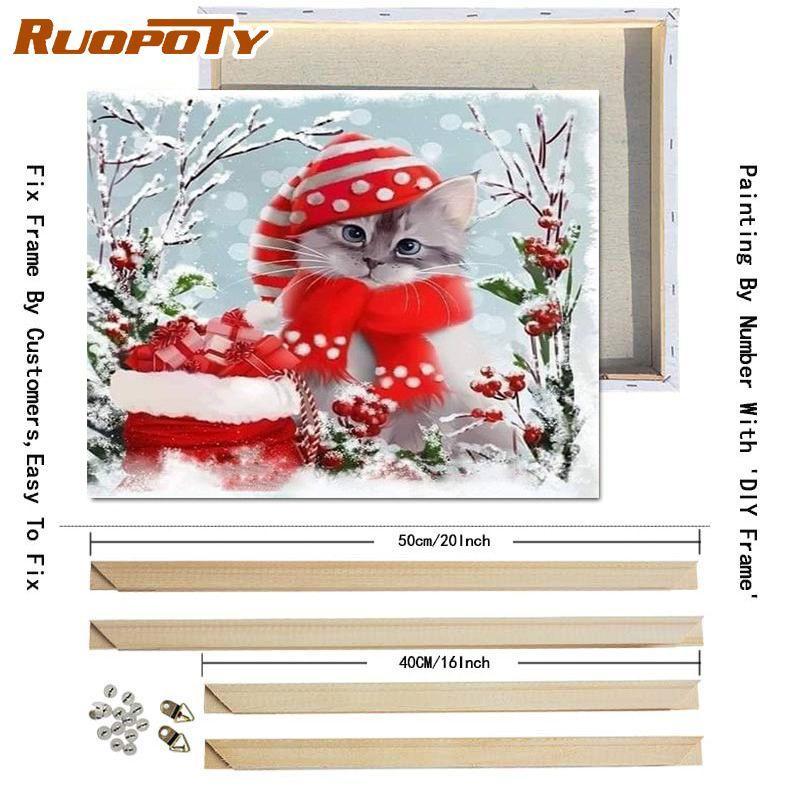 Ruopoty DIY Frame Picture By Numbers Cat Animal HandPainted Wall Art Unique Gift Painting By Number Winter Christmas Gift