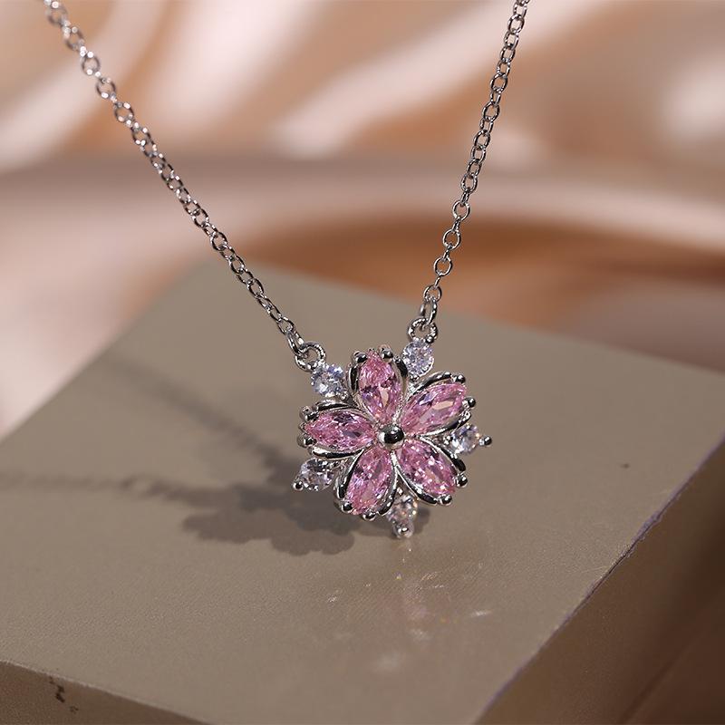 Fashion Silver Necklace for Women Shiny Pink White Zircon Cherry Blossom Pendant Luxury Pink Cherry Blossom Necklace