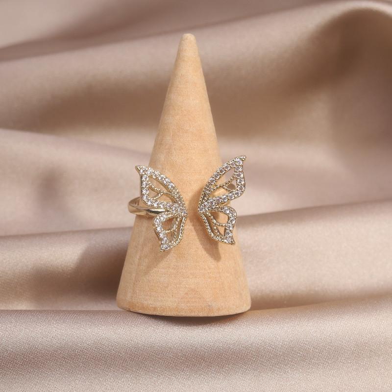 Korea  Design Fashion Jewelry 14K Real Gold plating Zircon Hollow Butterfly Ring Elegant Women's Daily Work Accessories