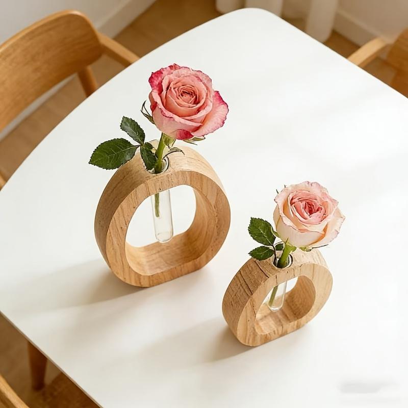 2pcs Wooden Hydroponic Plant Vases Creative Glass Tube Containers High-End Flower Decorative Vases For Workspace Home Wedding