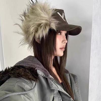 Jesienno-zimowa nowa czapka z haftem literowym, imitacja futra, casualowa pluszowa ochrona uszu, sztruksowa, pogrubiona czapka bejsbolowa damska