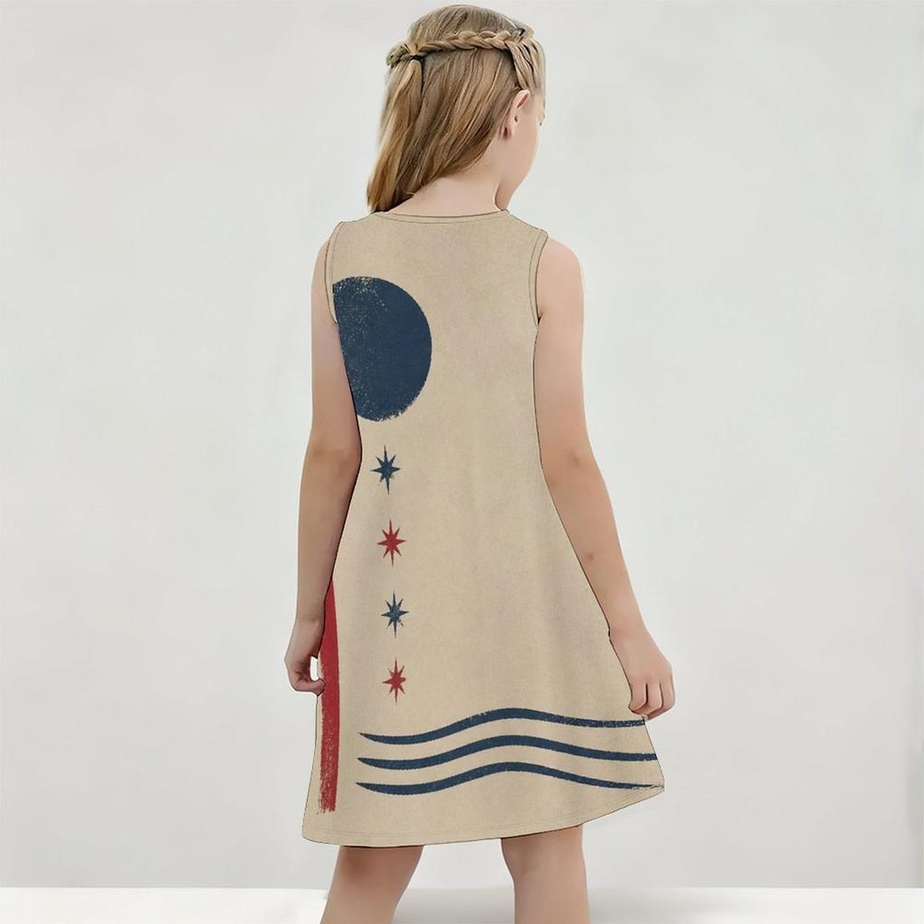 Girls Round Neck Sleeveless Printed Beige A Line Flared Dress