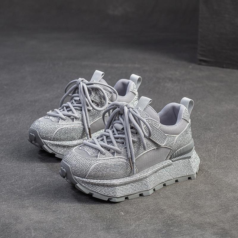 

Женские дышащие туфли из сетки 5,5 см 2025 Лето Толстая подошва Платформа Повседневные кроссовки Блестящие стразы Круглый носок 40 серый