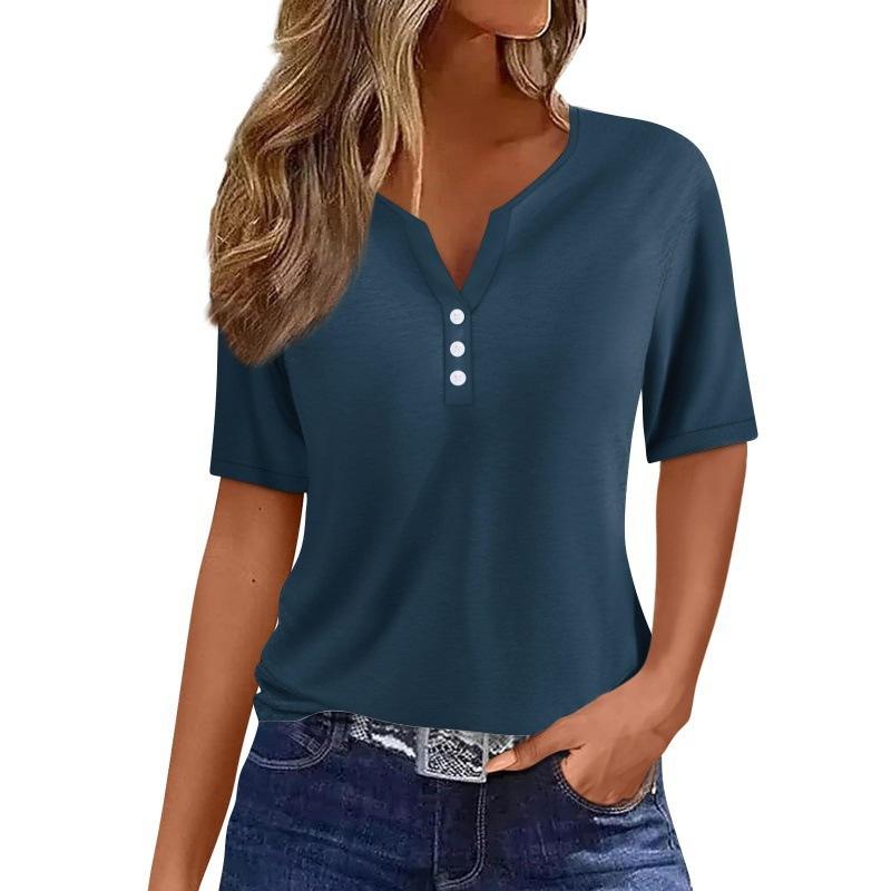 Print Short Sleeve European Style Women Clothing T-Shirt V-Neck