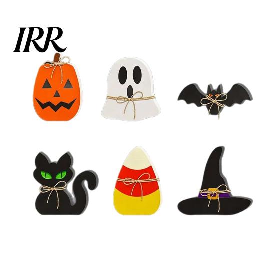 Classic Halloween Shapes Set 6Pcs Tiered Tray Decor, Ghost Black Cat Mummy Figurines, Pumpkin Witch Durable Wooden Decor Hat Bat Ornaments for