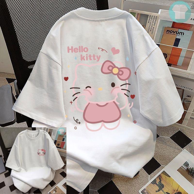 

2026 Summer Hello Kitty Tshirt High Quality 100 Cotton Pink Back Print Unisex Retro Casual Y2K Tee for Adults Kids S