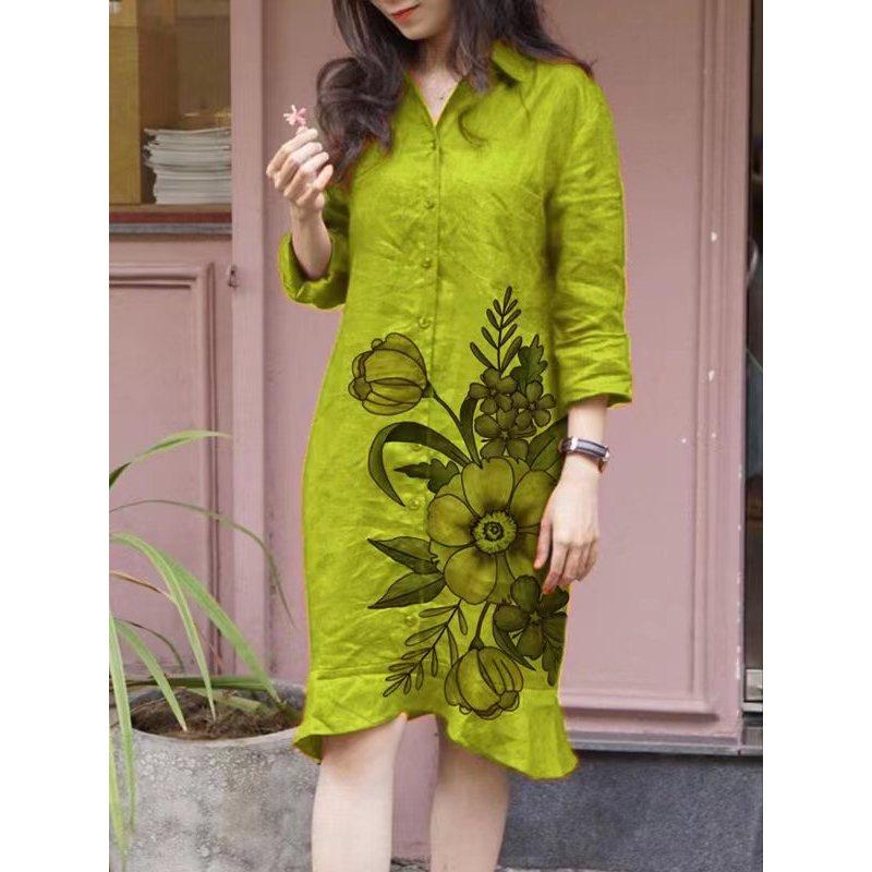 

Women s Long Sleeve Lapel Printed Loose Midi Shirt Dress Clothes Sale S светло-зеленый