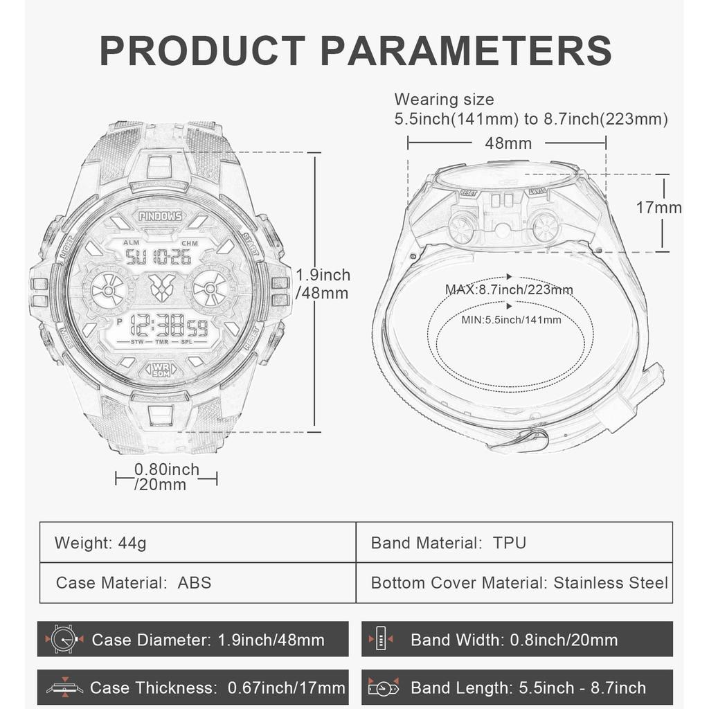 PINDOWS Digital Sports Watch with Timer 50M Waterproof Multifunction Tactical Watch with LED Backlight Men's Stopwatch, Alarm, Men's