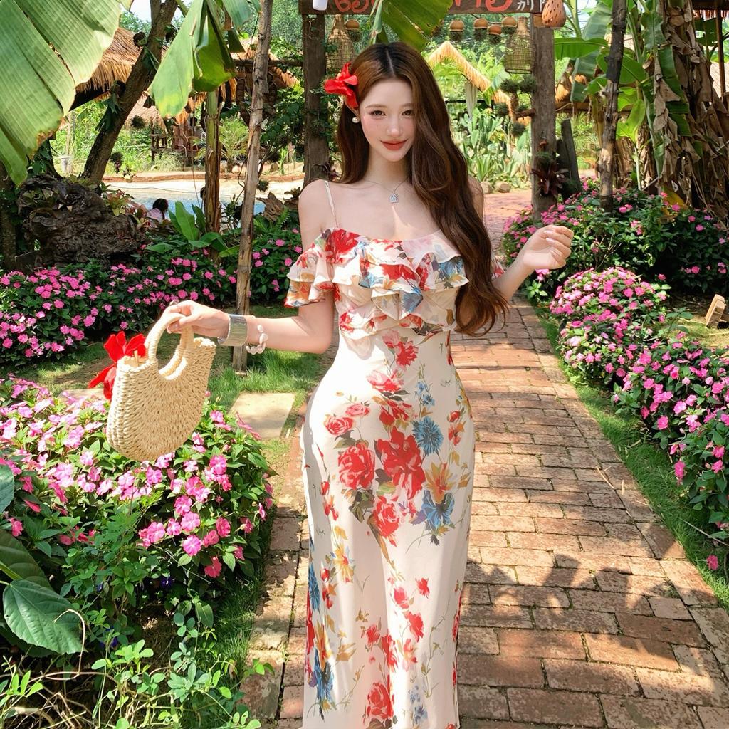 French one-word shoulder floral suspender dress women's summer seaside vacation temperament waist slim ruffle edge dress