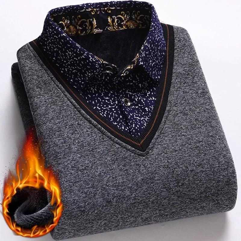 

Новинка 2025 года, осенне-зимний мужской шерстяной свитер с воротником-стойкой, модный клетчатый однотонный утолщенный теплый флис высокого качества, универсальный повседневный 3XL