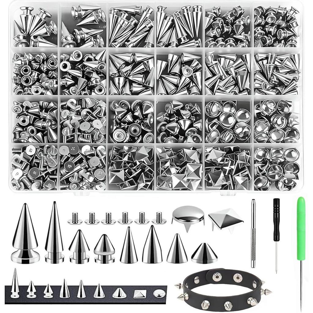 600pcs Punk Style Leather DIY Tool Set: 10 Sizes of Pointed Conical Rivet Studs