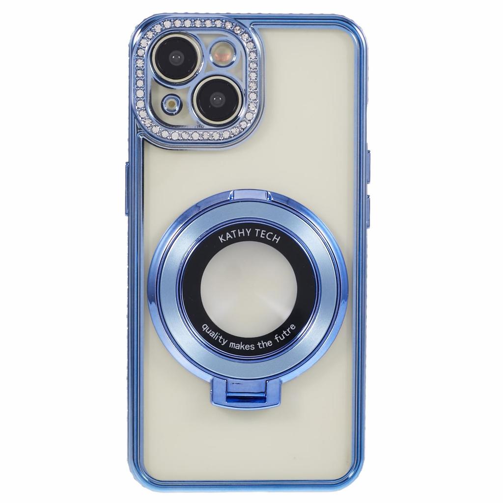 For iPhone 15 Case with Ring Kickstand TPU Anti-Dust Rhinestones Decor Protective Cover