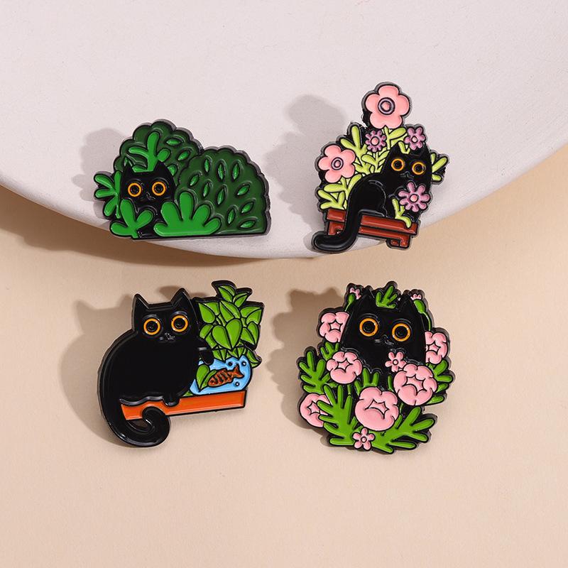 Cute Cat Black Brooch Set With Delightful Floral And Plant Motifs Perfect For Fall Fashion