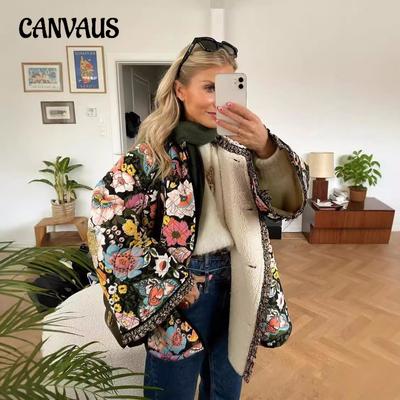 Manteau en coton imprimé automne et hiver confortable décontracté manches évasées manteau en coton ample grande taille pour femme