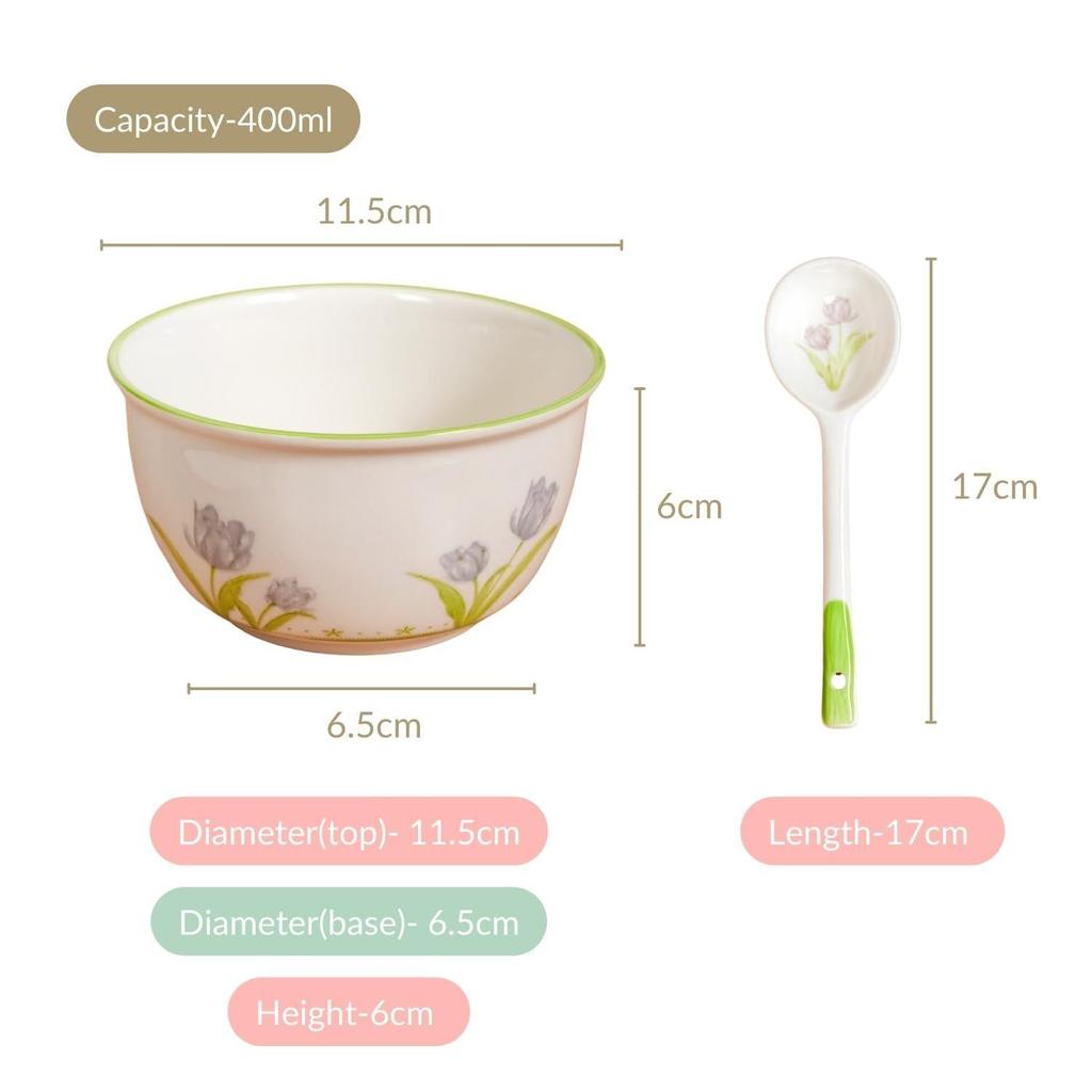 Set of 4 Ceramic Soup Bowl with Spoon (400ml) - Microwave Safe Bowl for Serving Soup, Curry, Dal, Custard, Kheer & Dessert | Floral Design Bowl Set