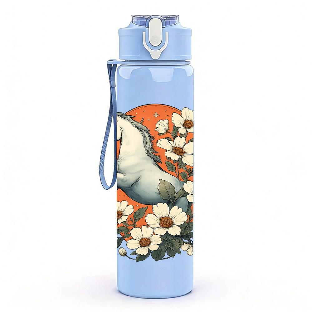 1PC Floral White Horse Art 750ml Color Plastic Sports Water Bottle Leakproof Flip Straw Lid Suitable for Sports Office Home Use