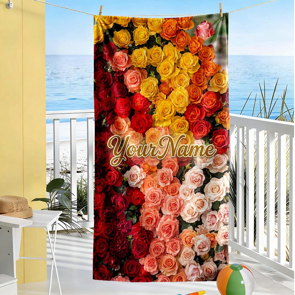 Rose Customized Name Beach Towel Super Soft & Absorbent Ideal for Travel Outdoor Swim Pool Yoga Surf Camping Hiking Gym Gift Holiday