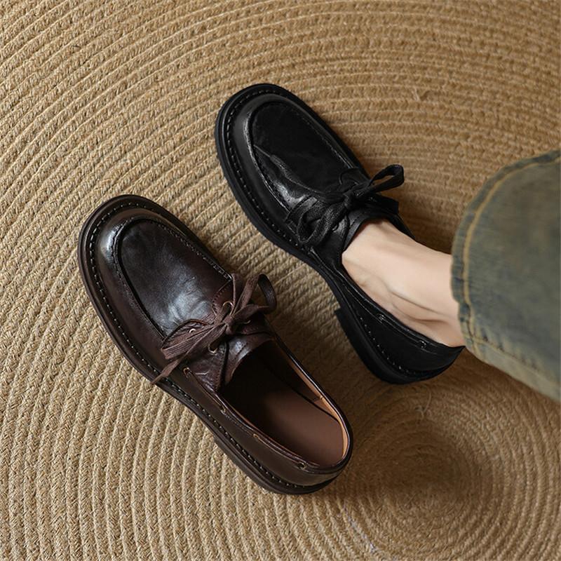 Fashion New Autumn Genuine Leather Women Pumps Fashion Lace Round Toe Shoes for Women Chunky Heel Casual Women Loafers Zapatos Mujer