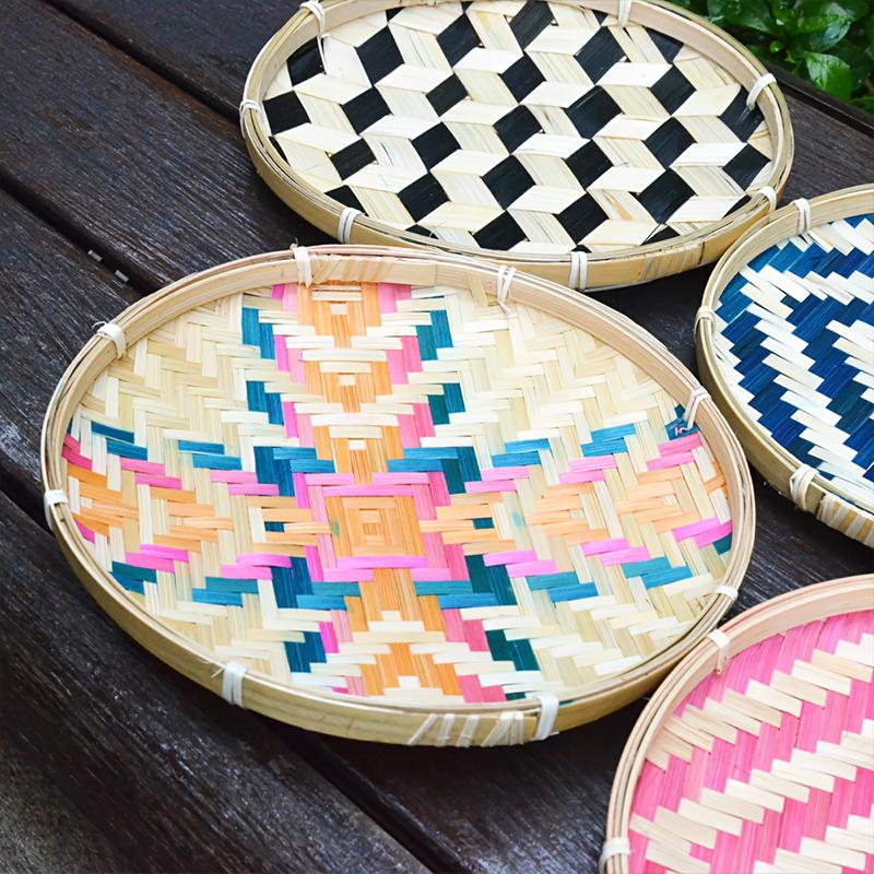 1PC Colorful Multipurpose Storage Basket Traditional Woven Handwoven Bamboo Decorative Flat Artistic 25cm