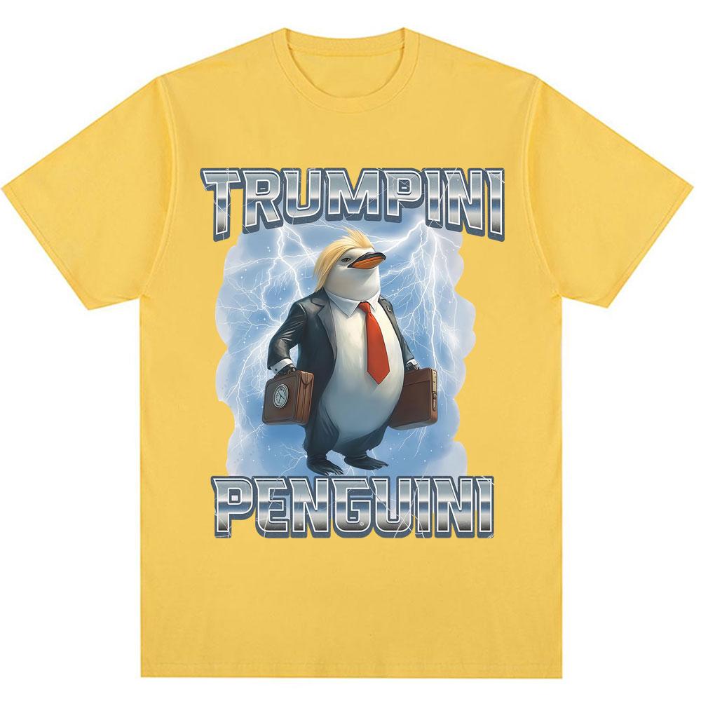 Funny Trumpini Penguini Meme Print T Shirt Italian Brainrot Humor Trendy Short Sleeve Men Women Loose Cotton T-Shirts Streetwear