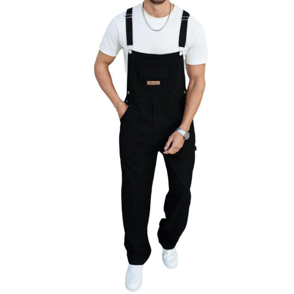 Men's Trendy Wide-Leg Black Denim Overalls - Loose Straight-Leg Jumpsuit Workwear