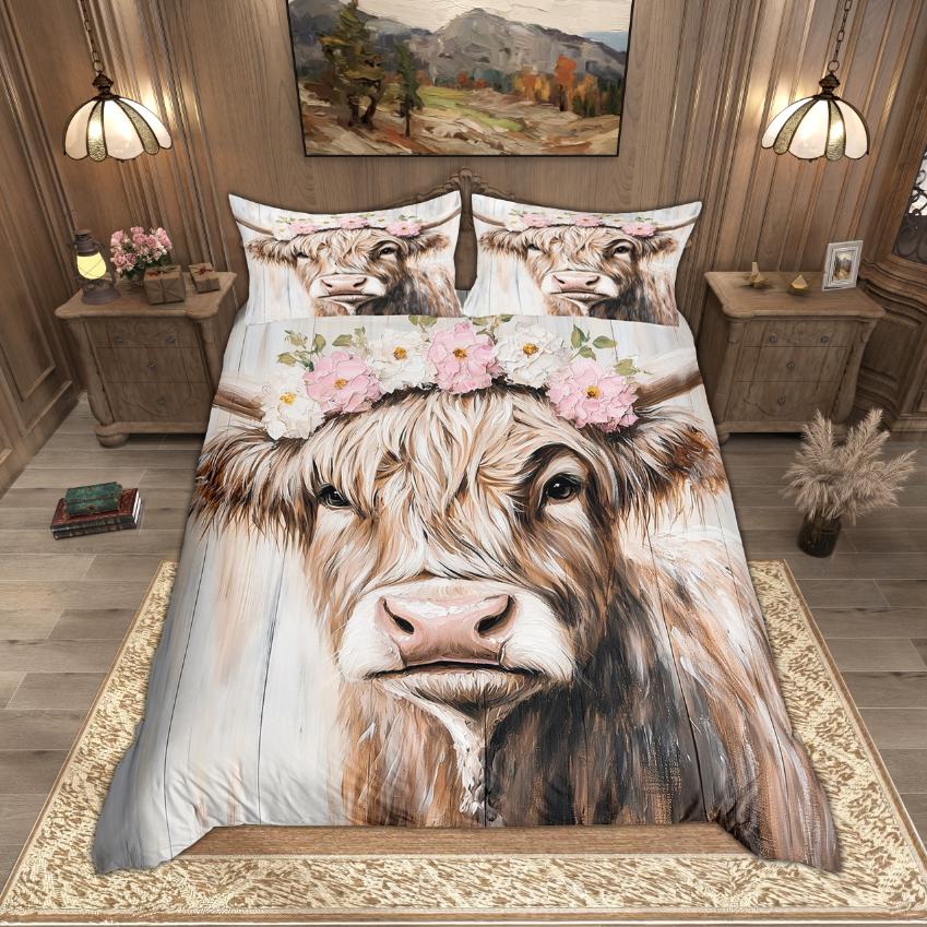 

Homewish Cute Highland Cow Duvet Cover Set, Western Cowboy Cowgirl Bedding Set, Rustic Farmhouse Farm Animal Quilt Cover Set DE XS 100x135cm 2pcs&set