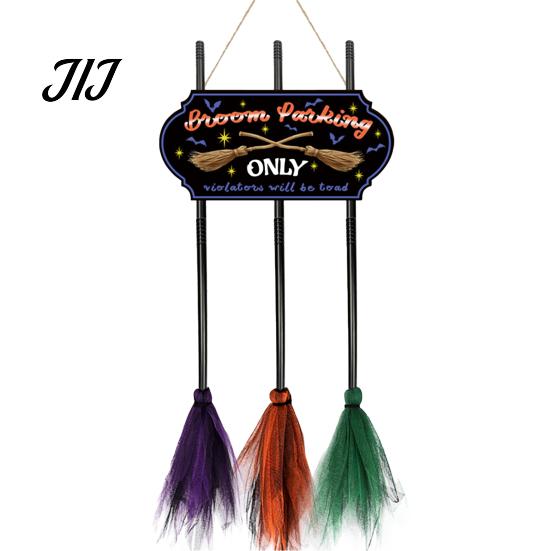 Reusable Farmhouse Entrance Signs Halloween Broom Parking Sign with 3 Witch Brooms, Hocus Pocus Themed Wooden Sign, Lightweight Seasonal Hanging Props