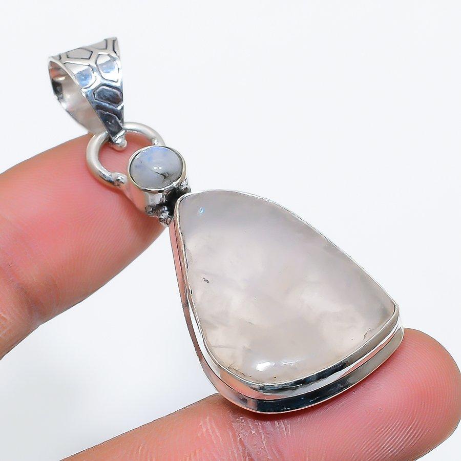 Rose Quartz, Moonstone Gemstone 925 Sterling Silver Jewelry Pendant 2.09" SU-9976