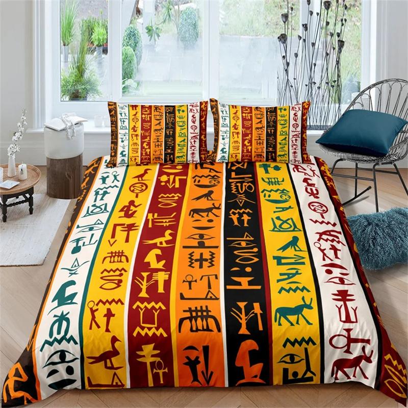 Ancient Egypt King Queen Duvet Cover Egyptian Symbol Bedding Collection Pharaoh Pyramid Boho Comforter Cover Soft Polyester Quilt Cover