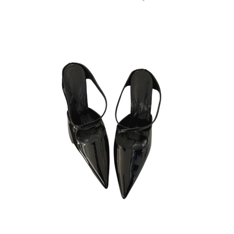 Women'S Shoes Spring Pointed Toe Thin Heel High Heel Elegant French Style Fashion Patent Leather Cross Strap Closed Toeback Strap