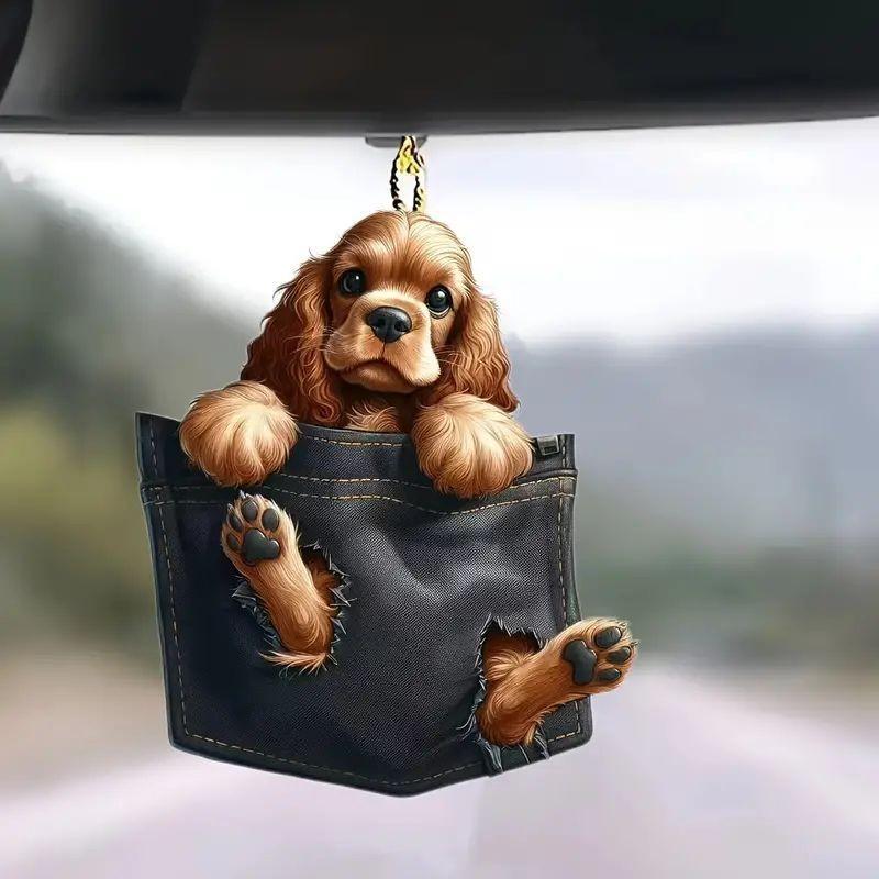 Adorable Acrylic Cartoon Dog Rearview Mirror Decor Hanging Accessory For Cars