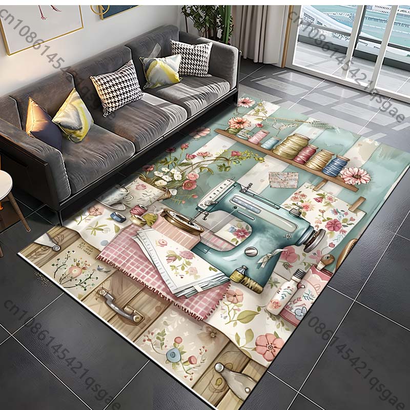 Retro sewing machine poster Pattern Rug Carpet for Living Room Bathroom Mat Creative Doormat Carpet for Bedroom Home Decor