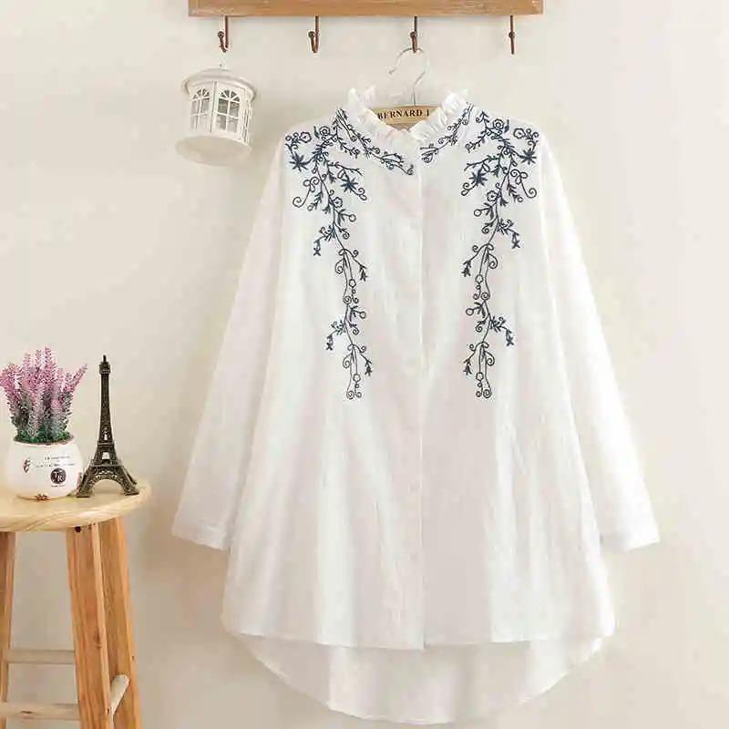 Spring New Style Retro Cotton and Linen Embroidered Women's Tops Large Size Lace Stand Collar Shirt for Women