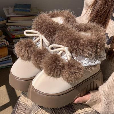 Women's Thick-Soled Height-Increasing Cotton High-Top Snow Boots with Velvet Lining, Non-Slip, Lace-Edged, Raw-Edged for Autumn/Winter