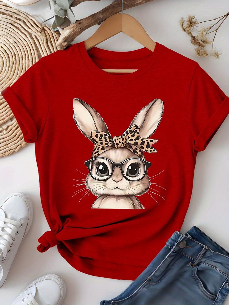 Women's Casual Short Sleeve T-Shirt Cute Rabbit Graphic with Leopard Print Glasses Fit Round Neck Top for Spring Summer Vacation