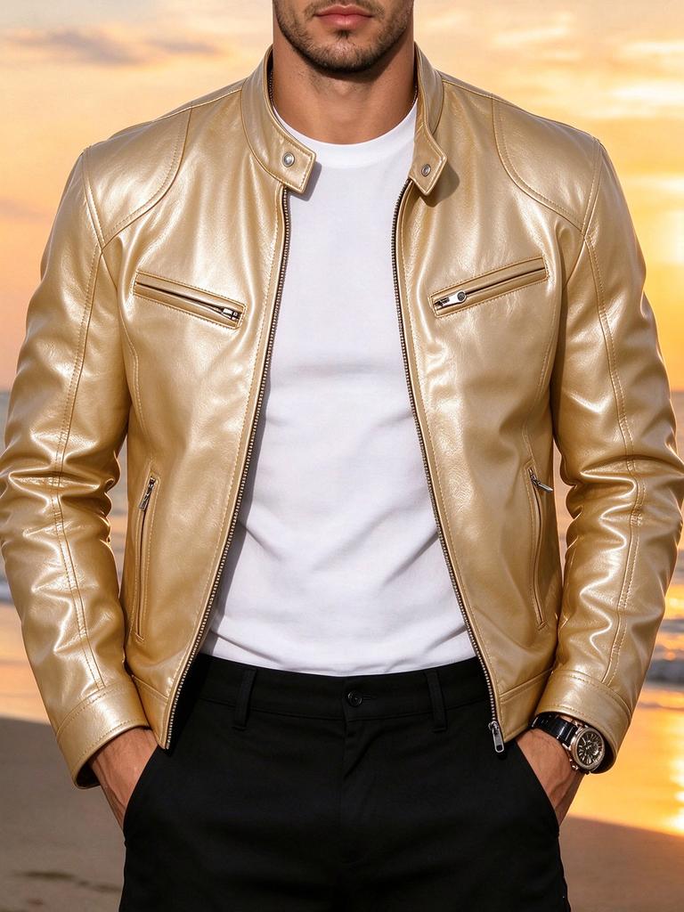 Men's slim stand-up collar PU leather jacket spring and autumn new motorcycle jacket multi-color fashion casual jacket leather jacket