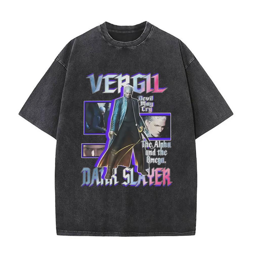 Game Devil May Cry Dante Retro Washed T Shirt Men Women Vintage Gothic Oversized Tshirt Mens Casual Cotton Tshirts Streetwear