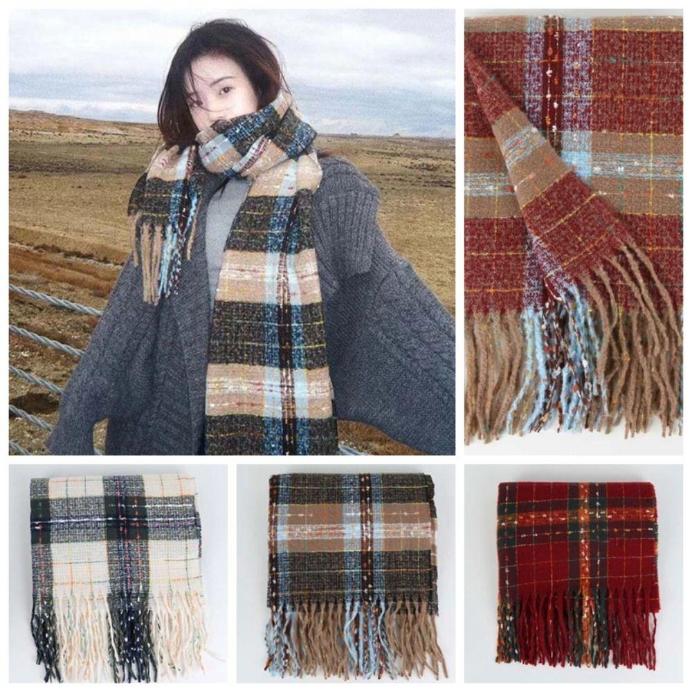 Classic Long Tassel Neckscarf Soft Women Thickened Scarf Soft Plaid Knitted Scarf  Spring