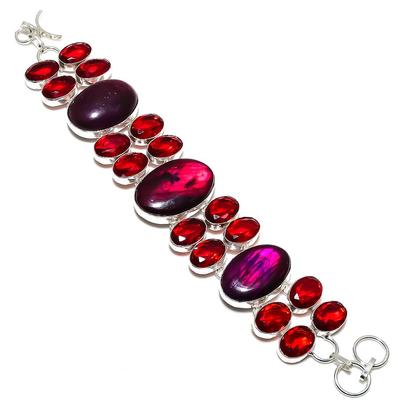 Natürlicher lila Labradorit, Granat 925 Sterling Silber Armband 7-8" C7d15