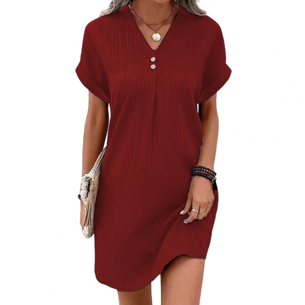 Summer Women Dress V-Neckline Button Short Sleeves Comfortable Fit Single Color Pullover Leisure Daily Wear Dating Mini Dress