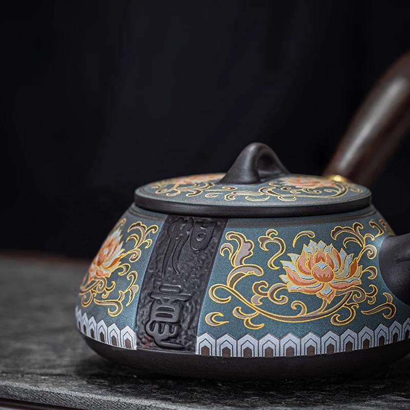 Purple Sand Ruyi Side Teapot Chinese Household Filter Pot Ceramic Kung Fu Tea Set Retro Relief Bubble Teapot