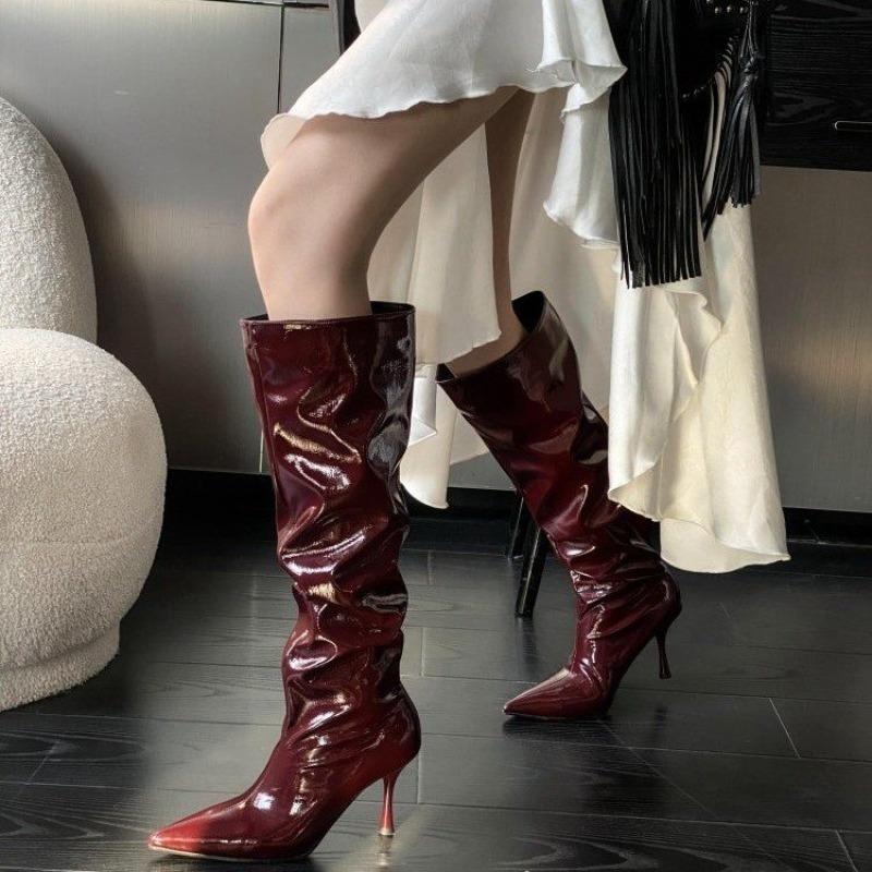 Fashion New Autumn Style Pleated Stiletto High Boots with Pointed Sleeves, Non-slip and Wear-resistant High Heels