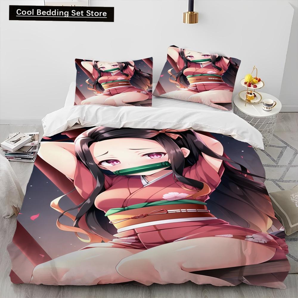 Demon Slayer Bedding Set Kamado Nezuko Duvet Cover Set Bedspread Pillowcase King Queen Full Single Size Bed Linen Kids Teen Gift