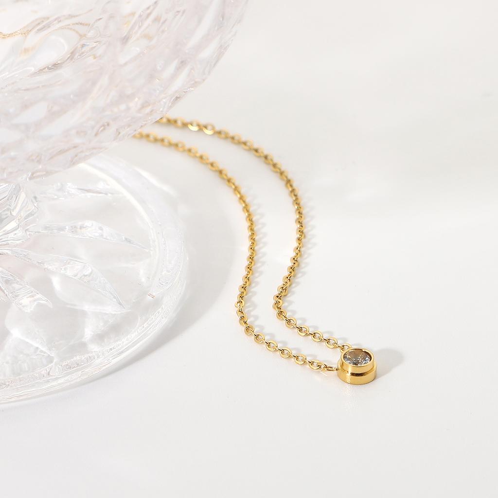 Gold Plated Stainless Steel Round Zircon Pendant Necklace For Women Minimalist Classic Choker Necklace