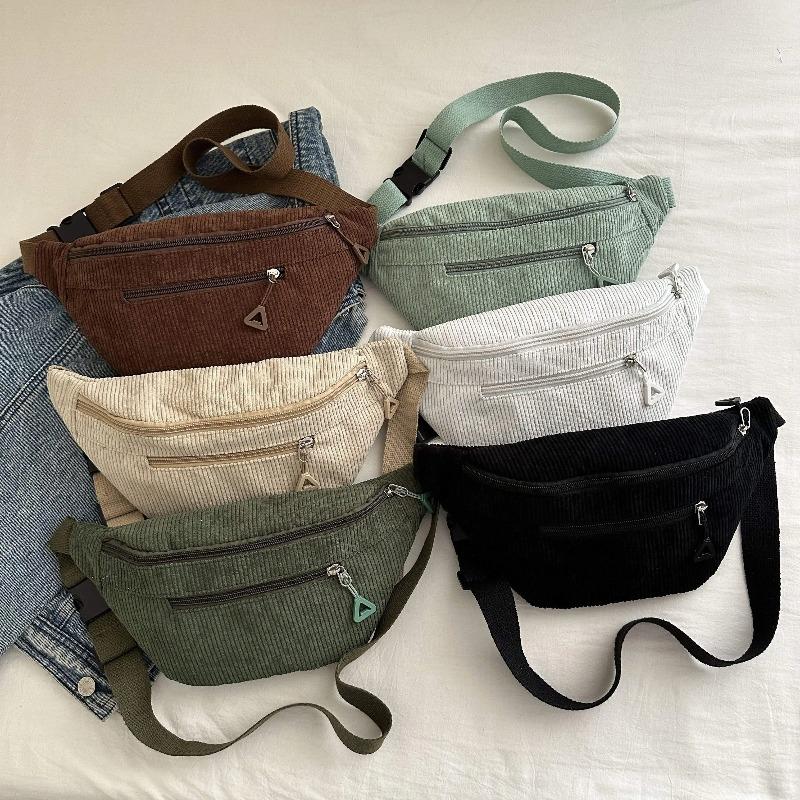 Women'S Corduroy Chest Bag Casual Spaghetti Strap Cross Body Bags Adjustable Strap Zip Closure Front Pocket for Shopping