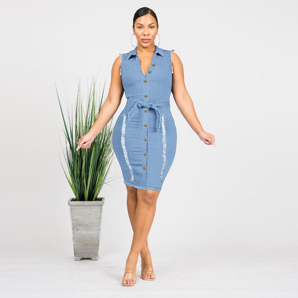 Women's European-American Mid-Length Slimming Distressed Denim Dress