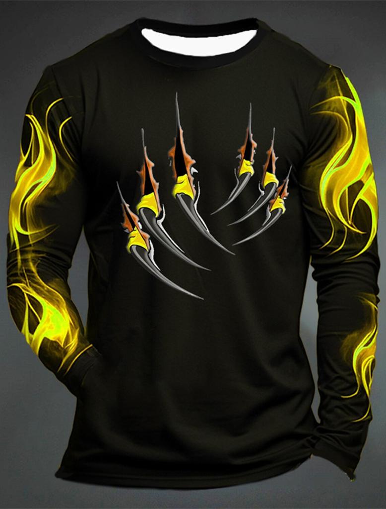 3D Printed Flame Scratch Pattern 3D Printed Autumn Men's Crew Neck T-Shirt Casual Long Sleeve Oversized Pullover Fashion Tops