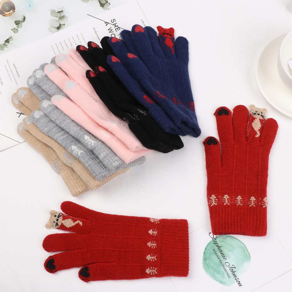 Finger Warm Cartoon Cats Soft Elastic Touch Screen Mittens Knitted Gloves Thicken Warm Full Finger